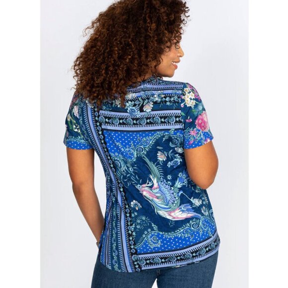 Johnny Was Revive Floral Short Sleeve Special Tee Shirt Rayon Navy Blue Top - Picture 2 of 7